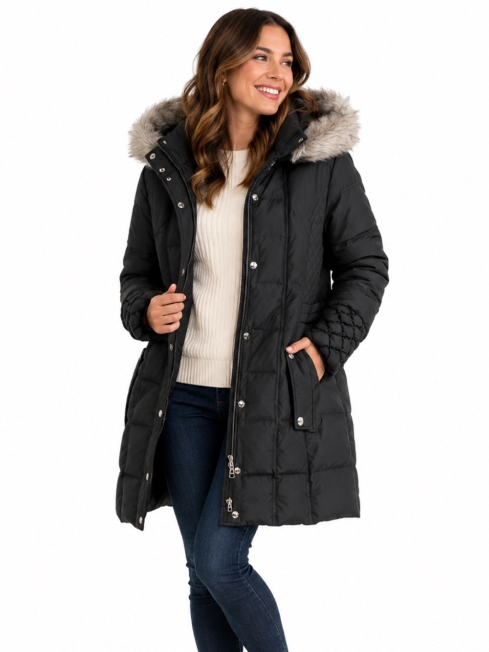 Betsy Johnson Winter Puffer Coat Sz Small Down Popcorn Detailed Sleeve Hooded
